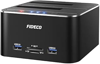FIDECO Stacja dokująca do dysków twardych, USB 3.0, aluminiowa stacja dokująca do dysków twardych 2,5 cala i 3,5 cala HDD SSD SATA, kart TF i SD oraz 2 portów USB 3.0, obsługuje klonowanie offline i