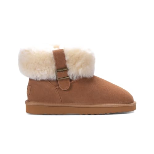 TruClothing Women's Sheepskin Suede Ankle Booties Slip-On Comfort Winter Boots - Chestnut 6