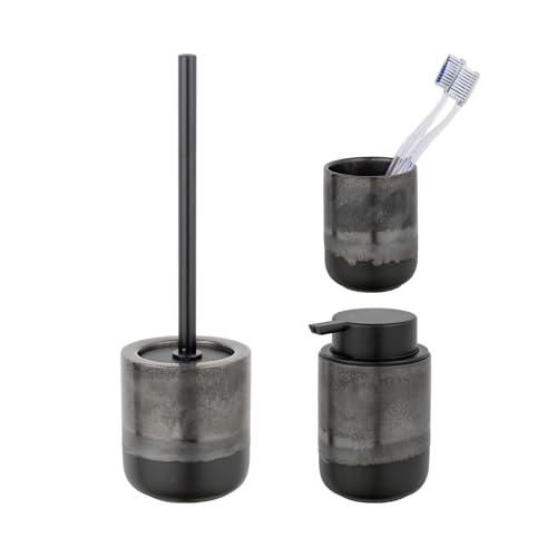 Schöner Wohnen Kollektion Bad-Accessoire Set Mod. RIOLO 3-TLG aus hochwertiger Keramik mit Effektglasur in Dunkelgrau inkl. WC-Garnitur und Seifenspender Maße 38,5 x 11,5 cm