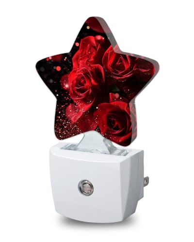 Image of Star Night Light Plug in, Red Rose Dusk to Dawn Sensor Night Light, Soft Glow Lamp for Kids Bedroom Nursery Hallway Bathroom, Energy Saving Compact Design