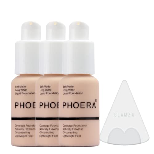 Glamza Phoera Foundation Full Coverage MakeupSet 24 Stunden lang anhaltende Ölkontrolle weiche glatte matte makellose ConcealerCreme inkl. 3 30 ml Foundation & SilikonMixerschwamm (102 Nude)