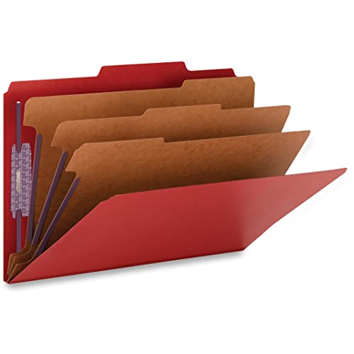 Smead Pressboard Classification File Folder with SafeSHIELD Fasteners, 3 Dividers, 3" Expansion, Legal Size, Bright Red, 10 per Box (19095)