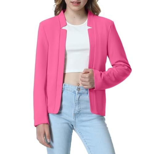 EXARUS Girls Blazer Jacket Long Sleeve Notched Collar/Lapel Collar with Inner Pocket Open Front Casual Kids Blazers Suit 12 Years Hot Pink-cropped