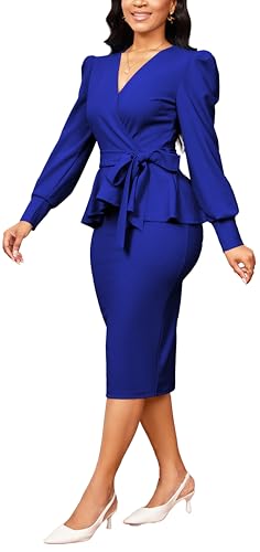 Image of Dresses for Women Elegant Long Sleeves Ruffles Pencil Knee Length Split Business Dress with Belt Zipper