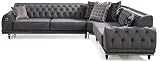 Casa Padrino Luxus Art Deco Chesterfield Ecksofa Grau/Schwarz/Gold 320 x 285 x H. 82 cm - Edles Wohnzimmer Sofa mit dekorativen Kissen - Luxus Qualität