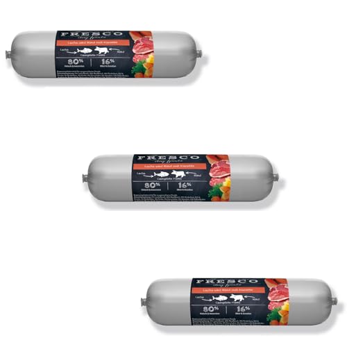 Fresco Dog Barf Wurst Complete-Menü Lachs und Rind mit Karotte | 3er Pack | 3 x 400 g | Futtermittel für Hunde mit Lachs und Rind mit Karotte | Enthält Omega-3-Fettsäuren