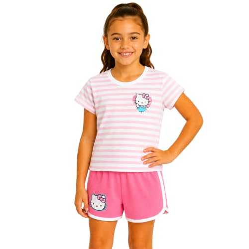 Image of Hello Kitty Girls Short Set - 2 Piece Short Sleeve Graphic Tee and Shorts Clothing Outfits (Sizes: 2T-12)