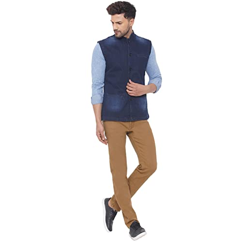 Image of JOHN PRIDE Men Regular Size Solid Navy Blue Denim Nehru Jacket (JPRNJ14003 Navy Blue)