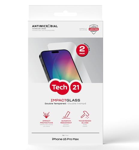 Tech21 Impact Glass iPhone 15 Pro Max lot de 2 protections écran en verre trempé anti-choc