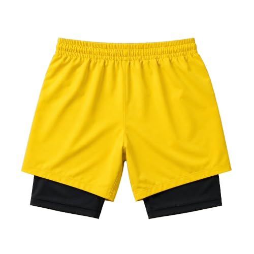 men’s running shorts with compression inner, quick dry gym workout shorts, elastic waist drawstring, lightweight sports shorts for training, fitness (in, alpha, m, regular, yellow)