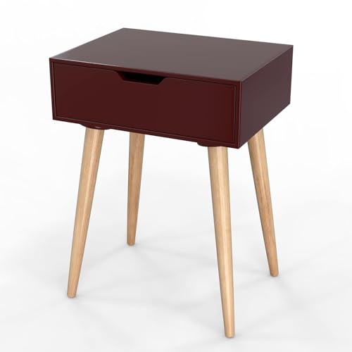 Image of Modern White Bedside Table with 1 Drawers & Wooden Legs | Compact Nightstand for Bedroom | Scandinavian Style Side Table with Storage for Home Living Room (Brown, 1 Drawer)