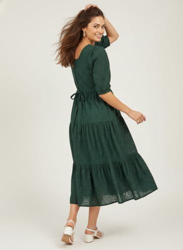 Image of Her Couture Cotton Midi Schiffli Embroidered Dress with Attached Belt