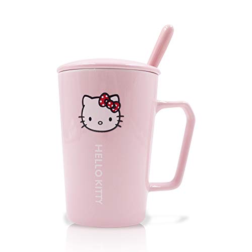 Finex Hello Kitty All Over Pink Ceramic Coffee Mug Water Cup Set with Lid and Spoon