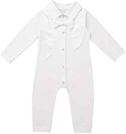 Haitryli Infant Baby Boys One Piece Long Sleeves Bowtie Romper Jumpsuit Wedding Baptism Party Formal Outfit Ivory 0-3 Months