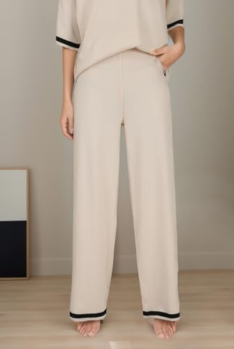 Image of Sweater Set Women 2 Piece Outfit, Beige Lounge Sets for Women with Elastic Waist, Crew Neck, Side Split, Coords Set Women