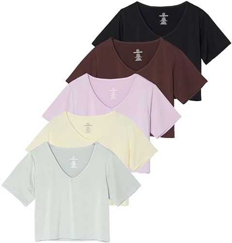Real Essentials 5 Pack: Women's Dry-Fit Short Sleeve V-Neck Crop Top Boxy Athletic Tee