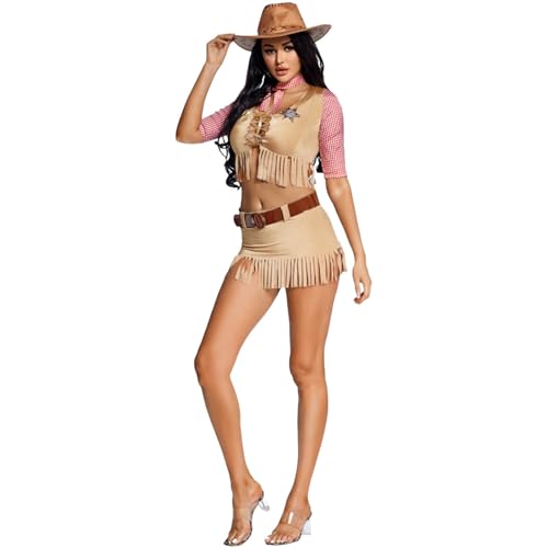 WAZHAKU Cowgirl Outfit Damen 5 Stück Western Cowboy Kostüm für Damen, Cowgirl Outfits Zubehör Set Country Kleidung Western Outfit für Karneval...