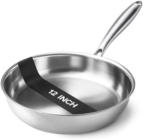 Kirecoo Tri-Ply Stainless Steel Pan - 12 Inch Frying Pan, Fast and Even Heat Stainless Steel Skillet, Induction Cookware, Dishwasher and Oven Safe Skillet - Thumbnail 2