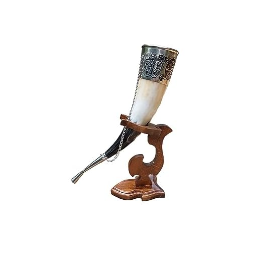 Viking Drinking Horn, 5-7oz Medieval Natural Handcrafted Horn with Wooden Stand