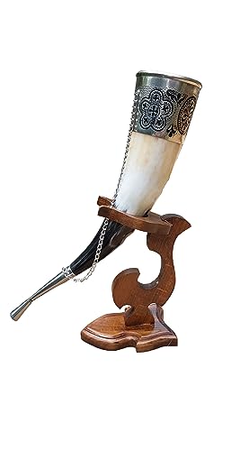 Viking Drinking Horn, 5-7oz Medieval Natural Handcrafted Horn with Wooden Stand