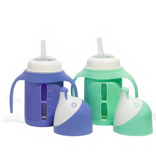 Image of The Minis - Set of 2 - Glass Sippy Cup for Toddlers - 5oz | Spill-Proof | Silicone Straw | Mint Green & Indigo Purple | Liquids Never Touch Plastic