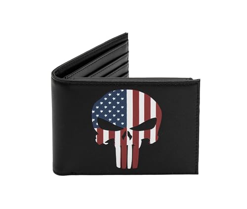 Printed Skull, American Flag print, The Punisher Skull, Theme Bifold Credit Card Cash Holder Wallet with Gift box for men