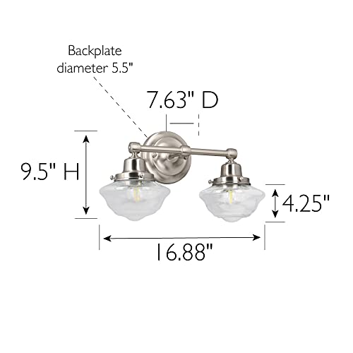Image of Design House Vintage-Inspired Schoolhouse 2-Light Dimmable Vanity Light, 16.875 in x 7.625 in x 9.5 in, Satin Nickel, Clear Seeded Glass Shades, 589135-SN