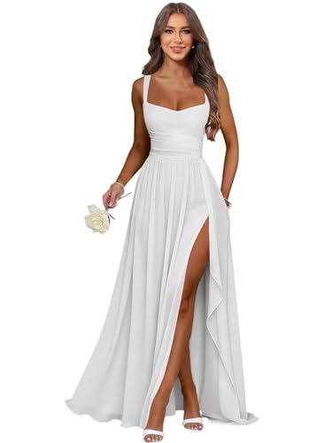Dvdci White Beach Wedding Dress Slit Bridal Dress Ruffle Formal Gown Empire Wedding Guest Dress US6