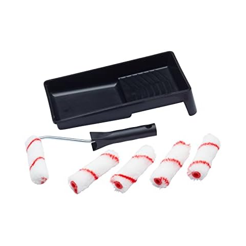 ProDec Contractor 7 piece Woven 4 inch Mini Paint Rollers, Frame and Tray Set for A Smooth Finish Painting with Emulsion Paints on Interior Walls and Ceilings, 4" Cover