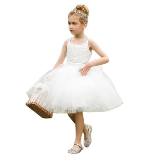 Lace Flower Girl Dresses for Wedding with Bow Spaghetti Straps Tea Length Princess Party Gowns