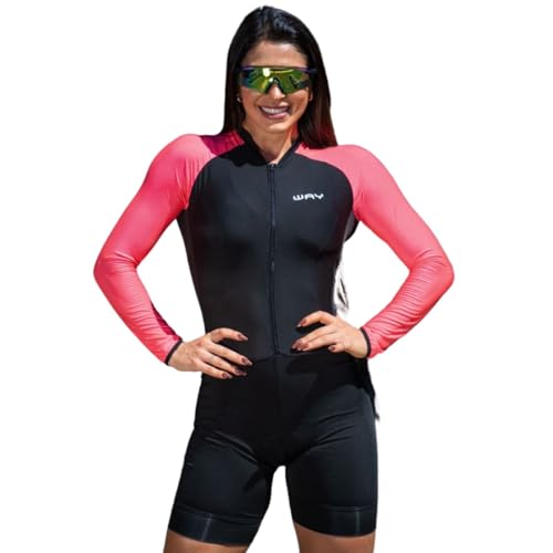 Macaquinhos de Ciclismo Feminino Estampado Forro em Espuma Inverno Manga Longa (Preto com Rosa, P)