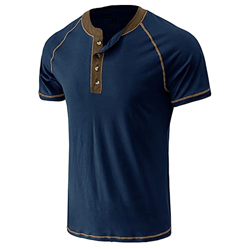 Men's Henley Shirt Short Sleeve Casual Lightweight Button Cotton Basic T-Shirt Raglan Sleeve Henley Top Royal Blue #TOP1