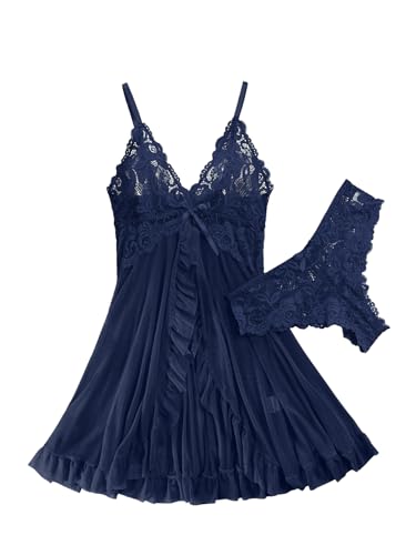 Foxiny Sexy Ruffle Sheer Mesh Lace Wireless Babydoll Lingerie Dress with Thong 2 Piece Women Panty Set Negligee Nighty Night Gown Sleep Wear Ruched See Through Navy Blue Medium