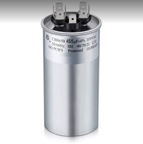 45 + 5 uf mfd 370 Volt Round Air Conditioner Capacitor Motor Replacement for Tempstar Model # n2h330akb200, Gsc130481cc Capacitor, 24DB400B370PA, Model LR79596 5% 350/370v 50/60Hz