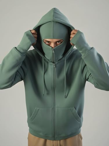 Image of ADRO Men Balaclava Hoodies | 320 GSM Soft Cotton Zipper Hoodie | Thumb-Hole Cuff Gloves | Travel Jacket with Hood | Winter Sweatshirt