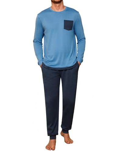 Crewhpo Pijama Hombre Invierno Algodón Conjunto de Pijamas Manga Larga Cuello Redonde Camiseta Ropa de Dormir y Pantalones Largos con Bolsillos