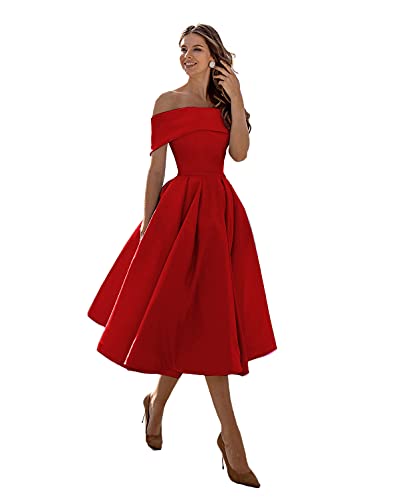 Women's Off The Shoulder Bridesmaid Dresses Short Satin A-line Tea Length Prom Formal Dress with Pockets