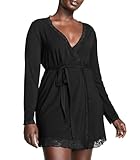 Victoria's Secret Modal Lace Trim Robe, Short Bathrobe, Cotton Kimono Lingerie, Nightwear, Women's Sleepwear, Black (XS/S)
