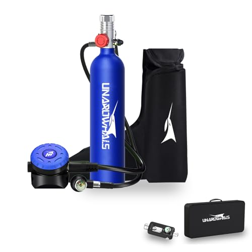 UNAROWHALS Scuba Tank with Extended Pressure Gauge, DOT/CE-EN250 Certification Lung Tank, 1L Diving Tank, 15-20 Minutes Underwater Exploration with Portable Mini Scuba Tank, 3000 Psi Max Pressure
