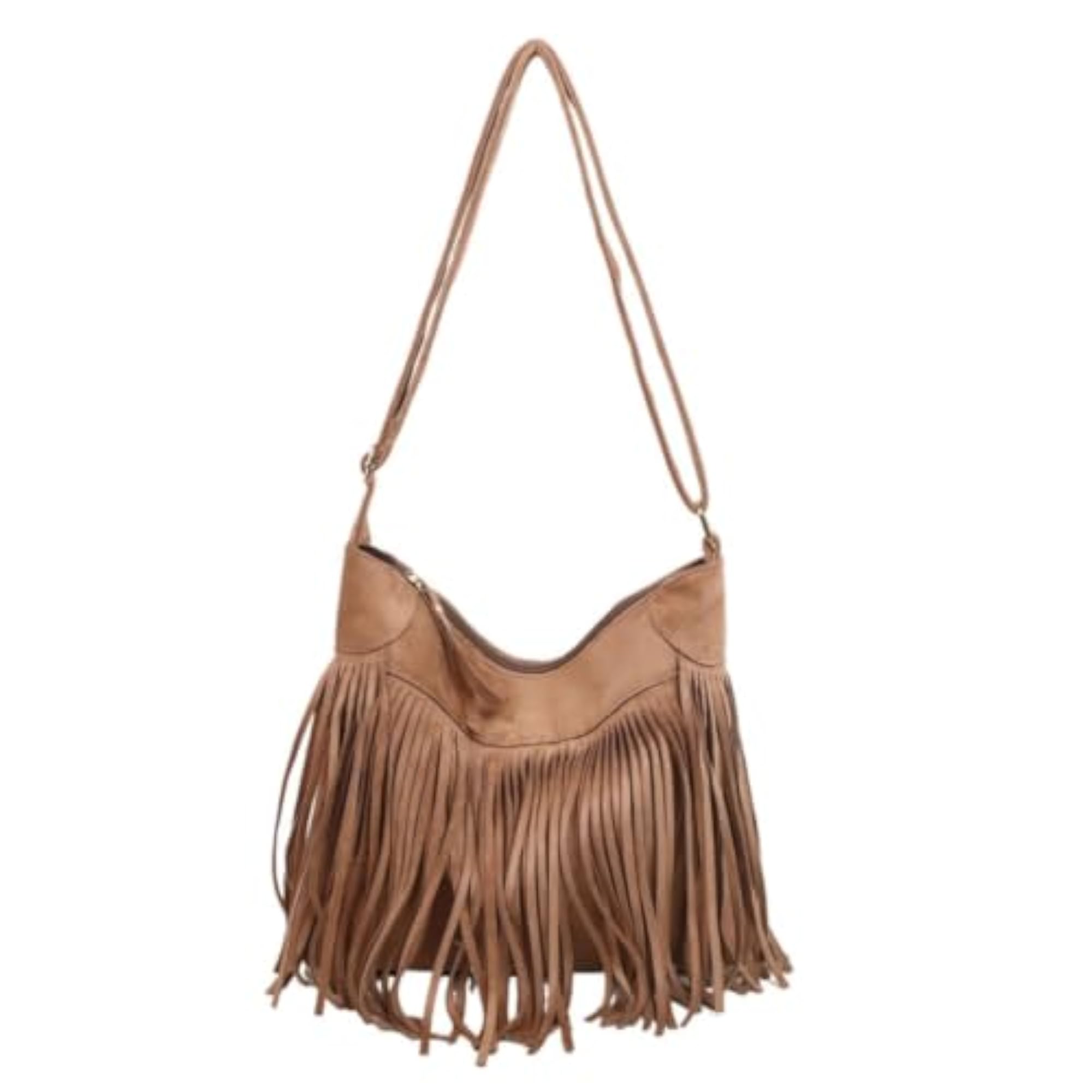 Medium-Sized Fringe Patchwork Shoulder Bag, Suede-Like