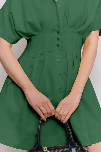 Image of Burtell Summer Button Down Pleated Shirt Dress for Women Striped Print V Neck Short Sleeve Mini Dress Casual Corset Dresses