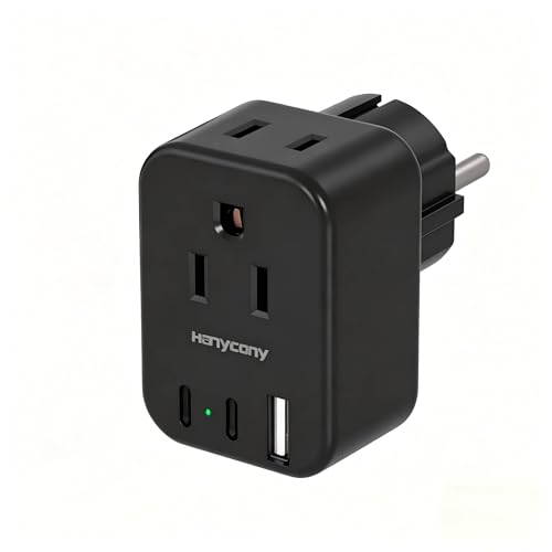 Image of Type E /F Europe Travel Plug Adapter, HANYCONY US to Germany France Spain South Korea Iceland, 5-in-1 European Power Adapter for Greece Norway Russia Portugal & More, 2 Outlets 3 USB Ports(2 USB C)
