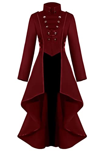 OMZIN Damen Herbst Steampunk Frack Einfarbig Mittelalterlich Oberteile Gothic Viktorianisch Retro Saum Gehrock Rot L Cover