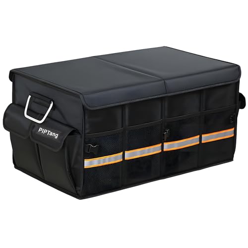 PIPTang Collapsible Car Trunk Organizer with Reflective Strips, Durable 1680D Oxford Fabric, Large Capacity Storage Bin with Aluminum Handles, Anti-Slip Bottom – 60x35x30cm (23.4x13.8x11.8 inches)