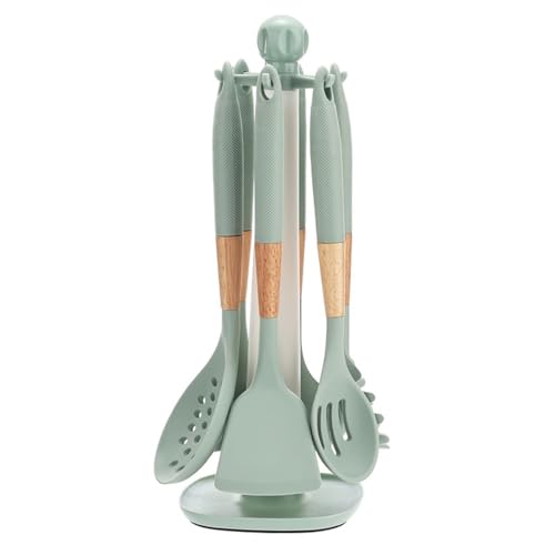 キッチンツールセット キッチンセット シリコン スパチュラ 料理セット キッチン用品 セット 調理器具 台所用品 耐熱 耐久性 抗菌 傷つかない 食洗機対応 収納スタンド付き料理器具 一人暮らし (7点セット,グリーン)