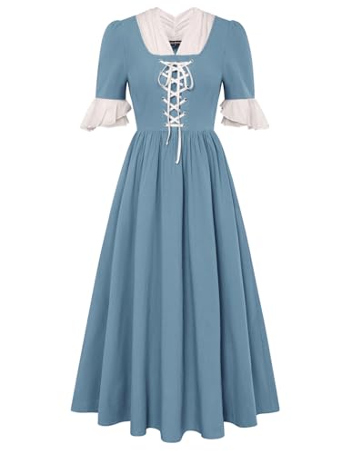 Scarlet Darkness Womens American Pioneer Costume Dress Historical Modest Prairie Colonial Dress Light Blue S