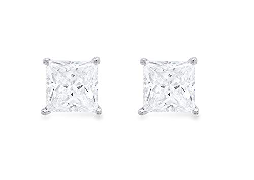 4.0 Cwt. Princess Brilliant Cut Conflict-Free Vvs1 Ideal Gemstone Birthsone Designer Simulated Diamond Cz Solitaire Stud Earrings In Solid 14K White Gold Screw Back #TOP1