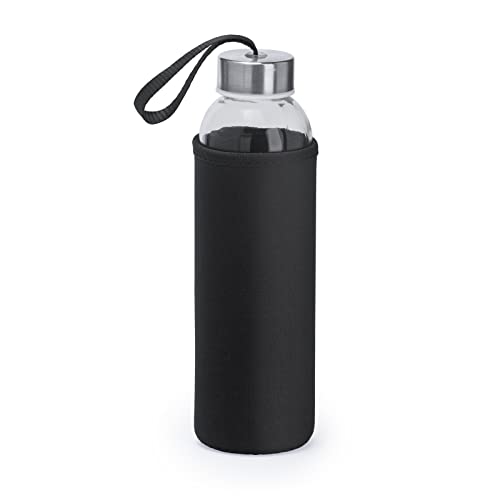 Glasflasche 0,5l mit Neoprenhülle | Trinkflasche aus Glas in 500ml mit Schutzhülle und Edelstahldeckel | Wasserflasche für Sport, Büro, Schule & Outdoor | 8 Farben | mit Wunschdruck, Farbe: Schwarz