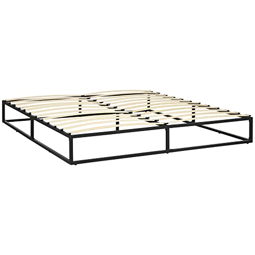 HOMCOM Marco de Cama 180x200 cm Estructura de Cama con Soporte de Acero Somier de Listones de Madera para 1-2 Personas Estilo Moderno Negro