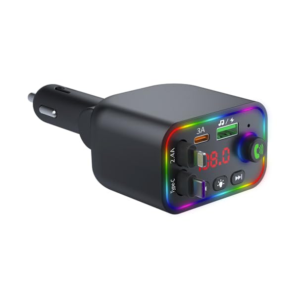CAR-L4 FM Transmitter Auto Bluetooth 5.3, 120W Schnellladegerät mit USB/3.1A, Typ-C & Lightning Kabel, Schwenkbarer Kopf, 7-Farben LED, MP3 Player, Freisprechanlage, U-Disk Unterstützung